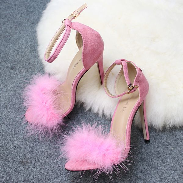 

2021 womens fur ankle buckle summer ladies thin high heels female outdoor party pumps women casual shoes plus size, Black