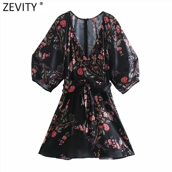 

women vintage v neck floral print casual slim mini dress chic female lantern sleeve kimono a line vestido ds5023 210420, Black;gray