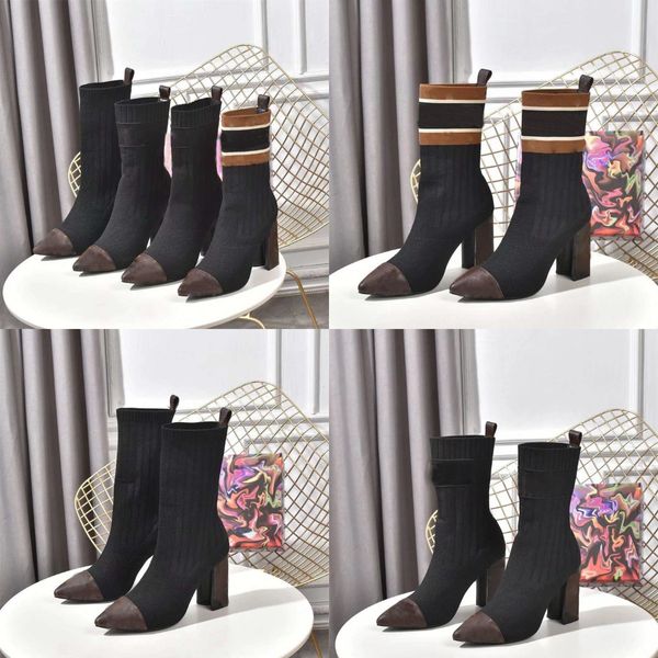 Tasarımcı Çorap Çizmeler Laureate Örme Elastik Örme Tıknaz Yüksek Topuklu Ayakkabı Kış Parti Kadın Sivri Toes Ayak Bileği Boot Seksi Bayan Mektup Martin Eğitmenler Ayakkabı Kutusu