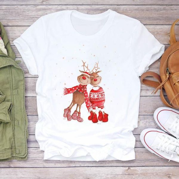 

women's t-shirt christmas couple elk tees santa claus shirt snowman print cartoon happy year holiday fashion gift, White