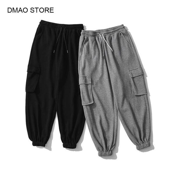 

korean style high waist men's sweatpants solid color loose ankle length men fashion jogger trousers rib harem pants, Black