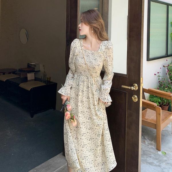

casual dresses women one piece korea dress autumn 2022 french style long sleeve floral print square collar khaki apricot, Black;gray