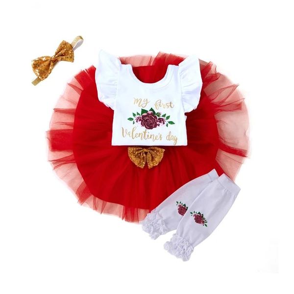 

5pcs born baby girls valentine's day suit ruffles short sleeve flowers romper lace tutu skirt bow headband leg warmer clothing sets, White