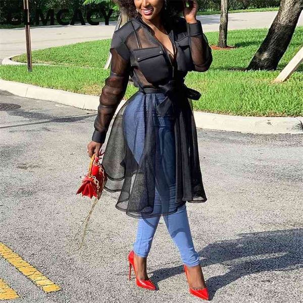 

women long sleeve mesh shirt poket design elegant dress, Black;gray