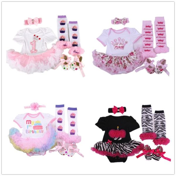 Geburtstag Baby Kleid Body Leggings Schuh Haarband 4-teilige Kleidung Sets Spitze Mädchen Kleider Ballkleid Overall Floral Zebra 0-2Y 210413