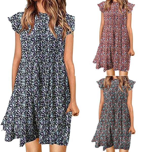 

casual dresses summer outfits for women fashion floral printed dress ladies o-neck loose short sleeve jurken zomer 2021 dames, Black;gray