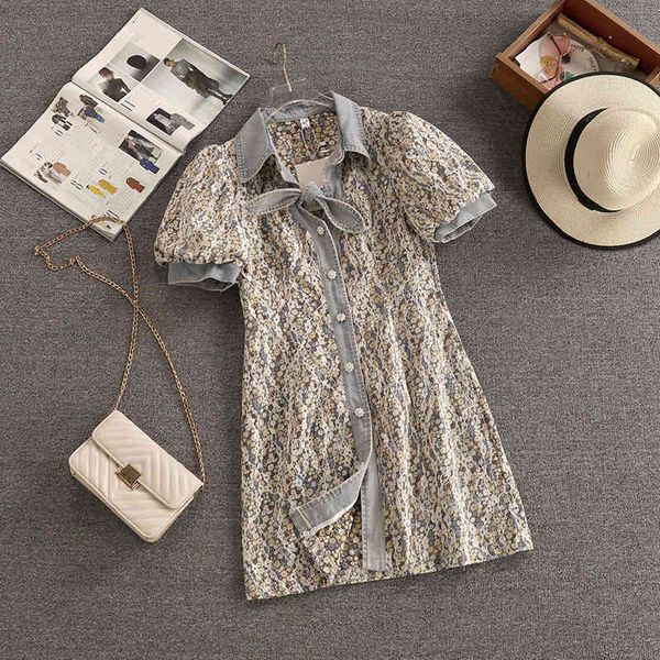 

casual dresses korean sweet fashion elegant mini women short sleeve lapel bow hollow out lace denim patchwork summer robe vestidos, Black;gray