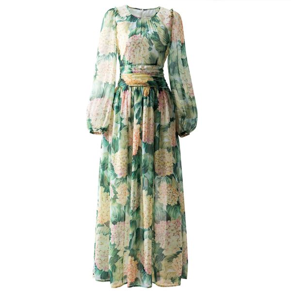 

women's runway dresses o neck long sleeves floral printed elegant fashion dress vestidos, Black
