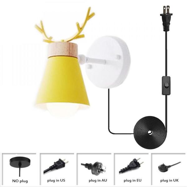 

wall lamp light with deer horn lampshade, metal plug in sconce, nordic yellow sconce , wooden for bedroom