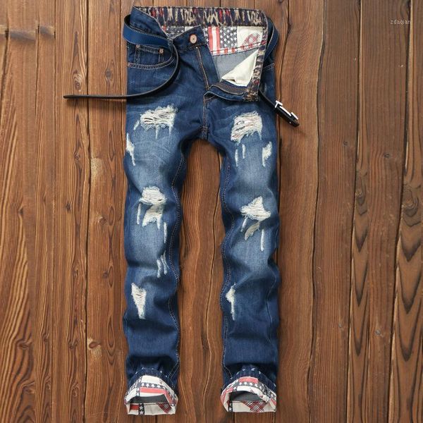 

frayed trousers cuffed straight-leg slim-fit men's jeans pants jean women 2021, Blue