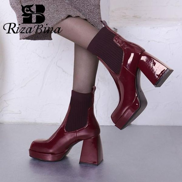 

boots rizabina size 35-43 ankle boot heel square toe platform shoes for women short solid color slip on female footwear, Black