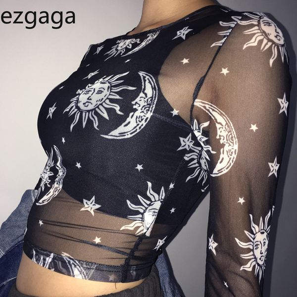 Ezgaga Mesh T Shirts Langarm O-Ausschnitt Sterne und Mond Bohemia Sext Tops Perspektive Damen Y2k Tops Clubwear Wild Casual 210430