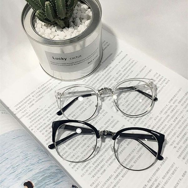 

korea south metal half frame flat lens cat's eye glasses transparent for men and women, Silver