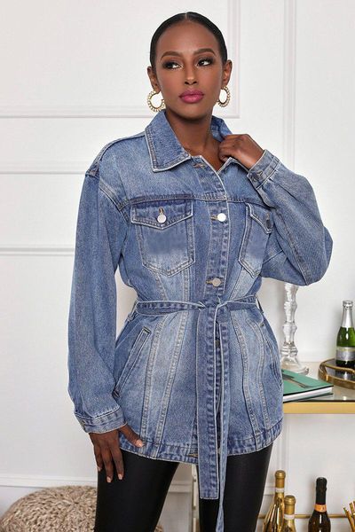 

women's jackets 2021 ins internet celebrity famous women jacket denim longsleeve bandage, Black;brown