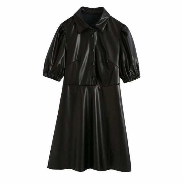 Moda Mulheres Pu Couro Mini Vestido Outono Button-Fly Ladies ES Preto Casual Feminino Sexy Girls Chique 210430