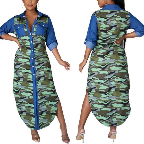 

casual dresses zoctuo maxi dress full sleeve high waist autumn winter camouflage printed single breasted turn down collar long, Black;gray