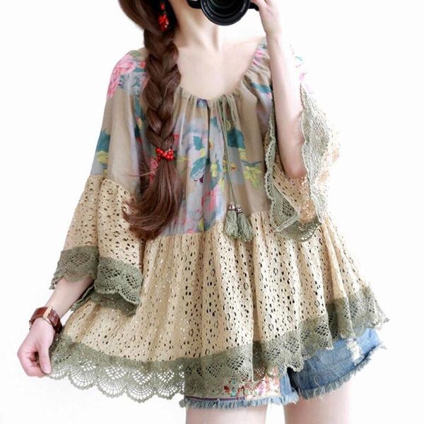 

women's blouses & shirts summer dress retro style of folk art patchwork lace horn sleeve loose large cotton linen shirt blouse, White