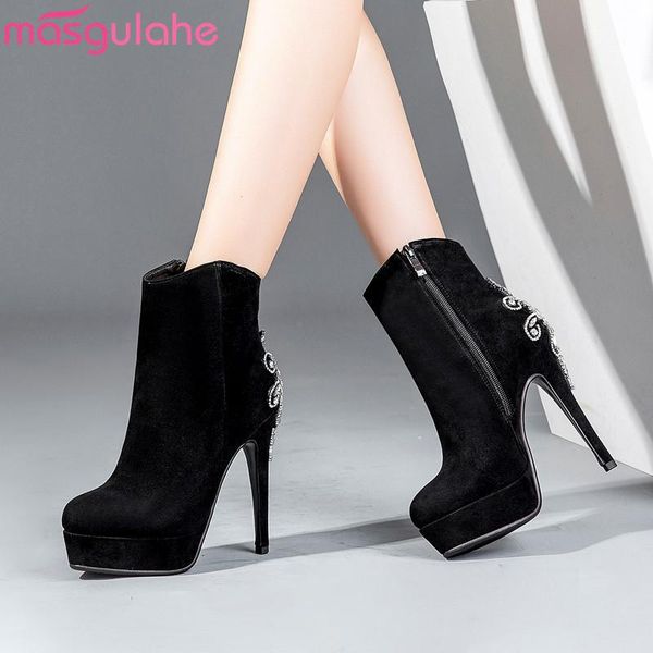 

boots masgulahe 2021 fashion ankle women round toe zip suede leather super high heels shoes crystal autumn winter, Black