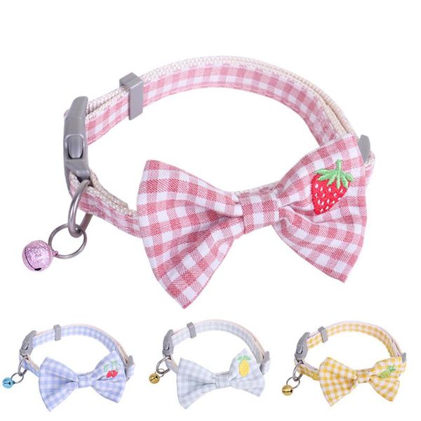 

cat collars & leads plaid bow pet bells adjustable cats cute embroidery strawberry cherry bow-knot neck strap dog kitten safe buckles