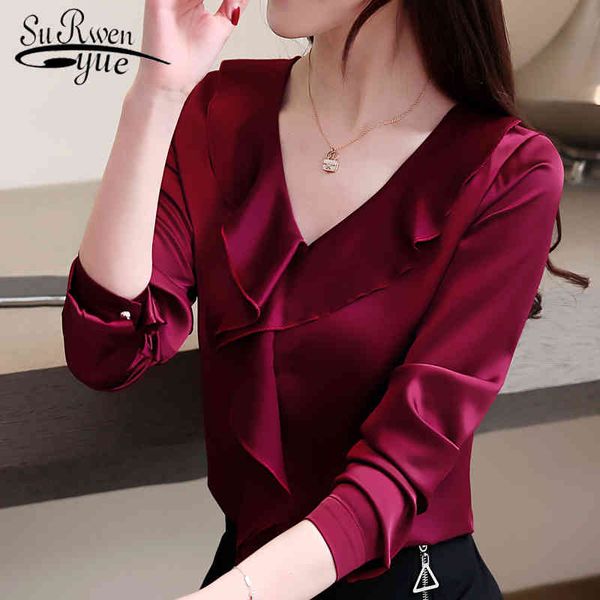 

fashion womens and blouses v collar office chiffon shirt female long sleeve shirts blusas 2355 50 210508, White