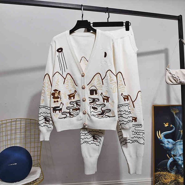 

women's two piece pants white gray knitted tracksuit women set v-neck embroidery cardigan sweater outfits fashion loose knit suit