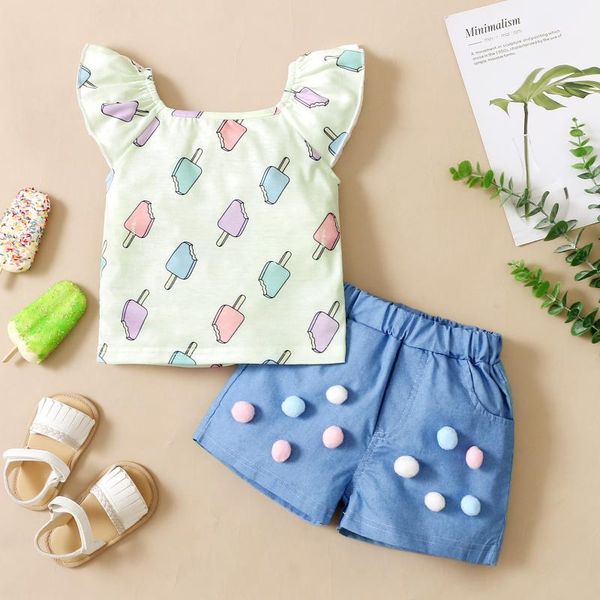 

clothing sets summer toddler kids baby girls clothes ruffle t shirt denim shorts outfits set fashion children's, White