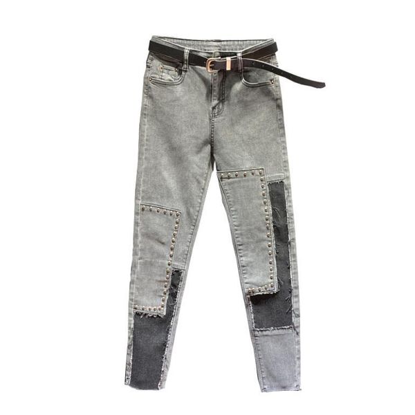 

skinny jeans woman 2021 spring summer women patchwork beaded femme denim pants street high waist slim pencil p539 women's, Blue
