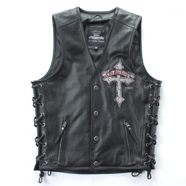 

men's leather & faux 2021 men black skull embroidery genuine motorcycle vest 100% real cowhide slim fit biker 4xl
