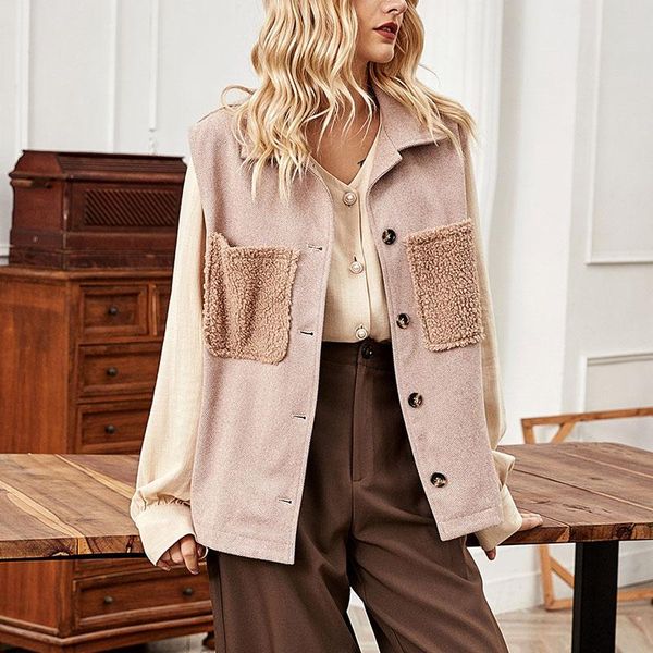 

women's vests autumn patchwork fleece pockets sleeveless turn-down collar single breasted female coats elegant ladies coat vest, Black;white