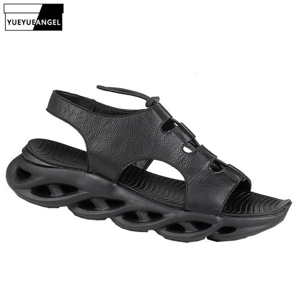 

sandals designer men genuine leather 2021 summer gladiator fashion breathable open toe cowhide beach male, Black