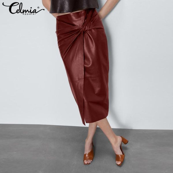 

celmia women pu leather skirt 2021 fashion midi split solid bodycon casual high waist knotted office ladies 5xl skirts, Black