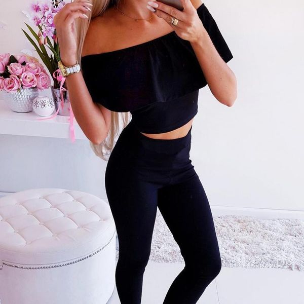 

women short crop casual pullover slash neck tees elastic waist ankle-length pants summer spring 2 pcs suits leisure sets women's track, Gray