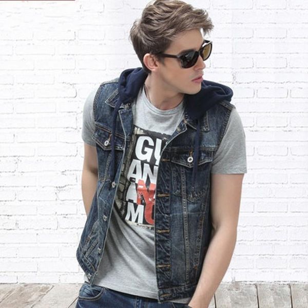 

men's vests fashion mens 2021 summer korean punk style hooded slim fit waistcoat man casual turn-down collar sleeveless denim vest, Black;white