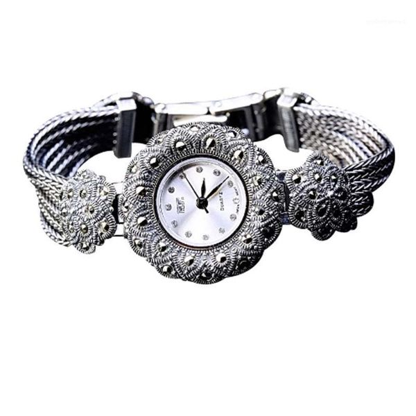 

wristwatches women sunflower style pave marcasite thai 925 silver wrist watches flowers watch real pure bracelet, Slivery;brown