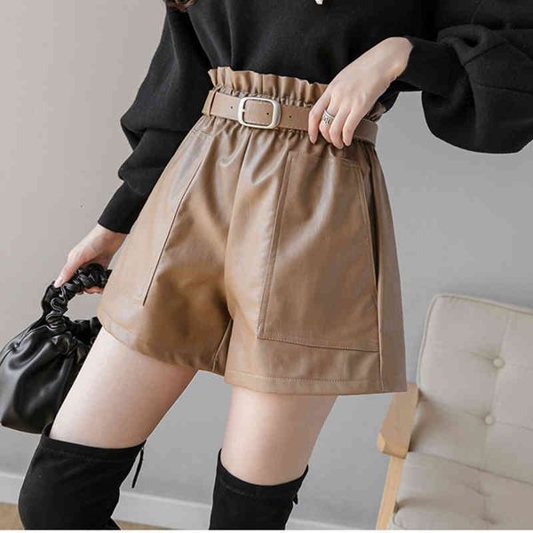 

leather women black faux en cuir pu plus size casual elastic high waist wide leg sashes ladies shorts female autumn 210304, White;black