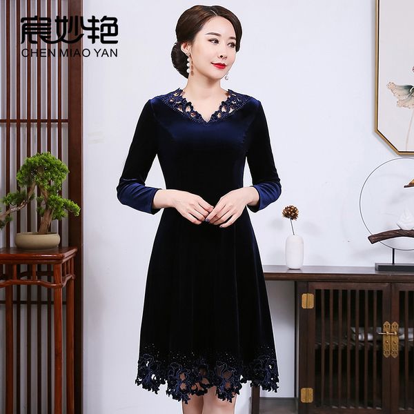 

factoryjbho temperament size celebrity medium large length solid color stitching embroidered hollow out velvet dress, Black;gray