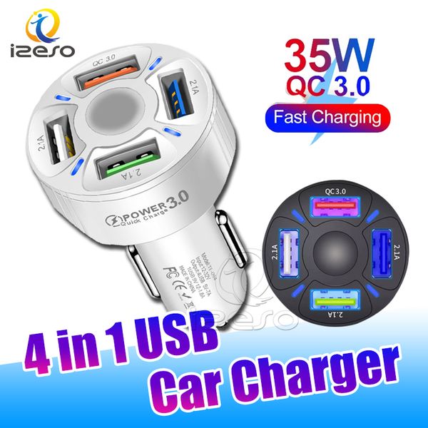 QC3.0 Caricabatteria per auto rapido USB Caricabatterie per telefono per auto a 4 porte Adattatore per auto multifunzione per iPhone Samsung Smartphone izeso