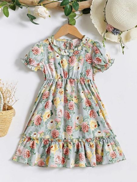 

toddler girls floral print frill trim ruffle hem dress she, Red;yellow