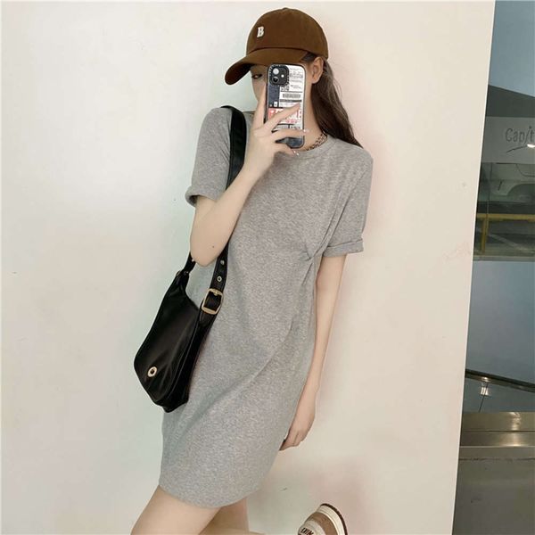 

design skirt women's spring and summer casual dress loose round neck short, Black;gray