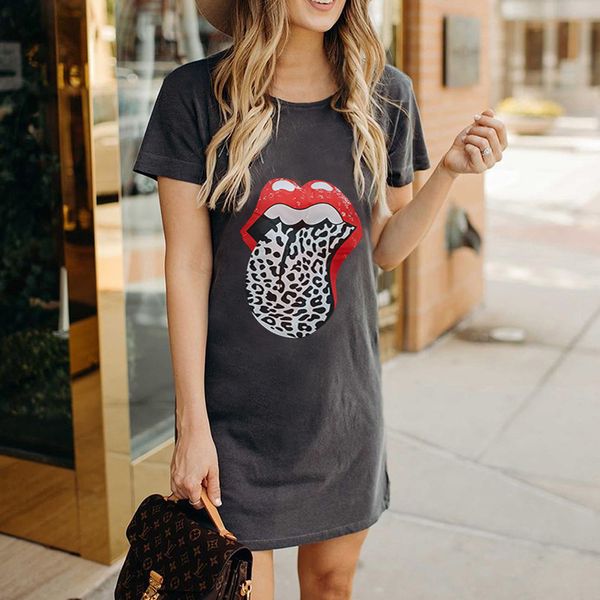 

dress around the neck in short sleeve printed women's clothing 2021 fashion will see high street female, Black;gray