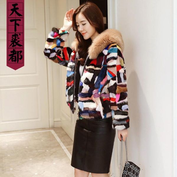 

women's fur & faux fashion lady genuine mink jacket with big hooded collar short style real coat color block, Black