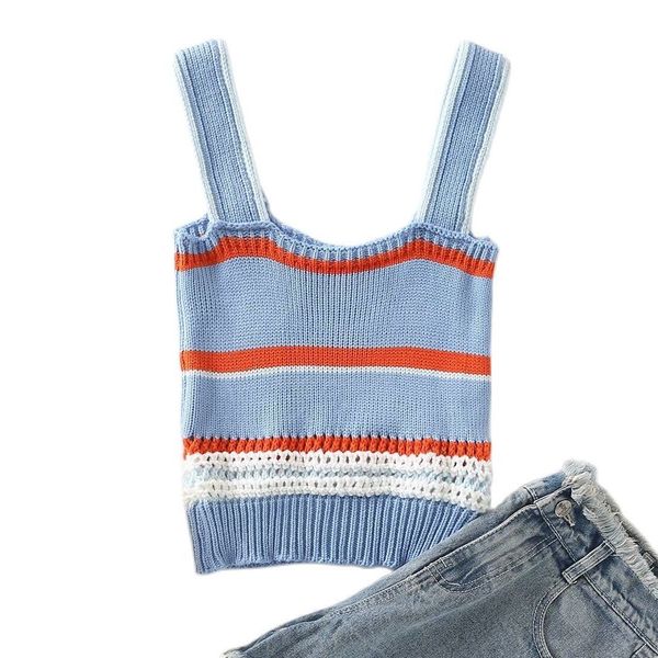 

tanks spring women chic collar sleeveless slim fit vest vintage thin striped knitted sling female, White