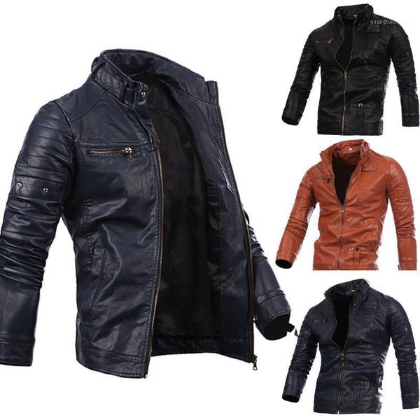 

men's multi-zip motorcycle pu leather jacket stand-up collar casual winter stand coat fur & faux, Black