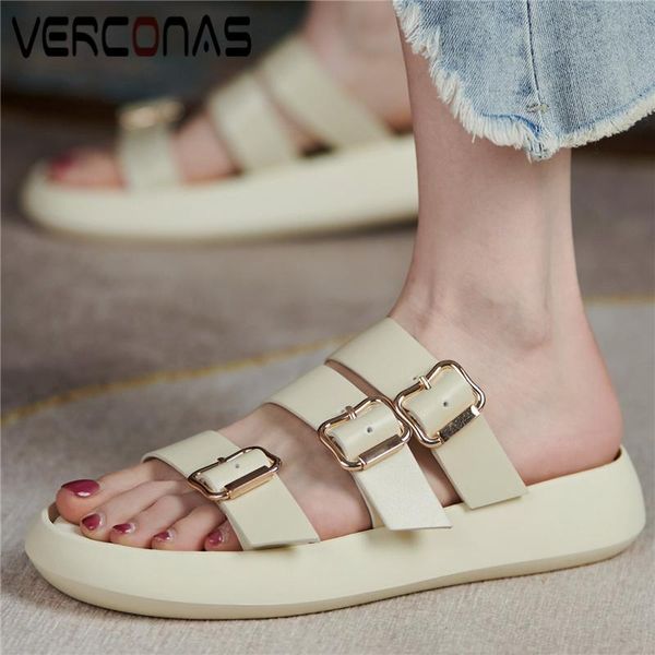 

sandals verconas arrival women buckle genuine leather slippers platforms flats casual rome style fashion concise shoes woman, Black