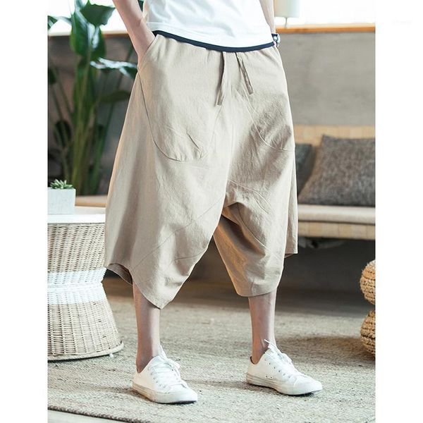 

men's pants men loose calf-length cotton linen wide-leg chinese style trousers male cross-pants summer solid hip hop streetwear, Black