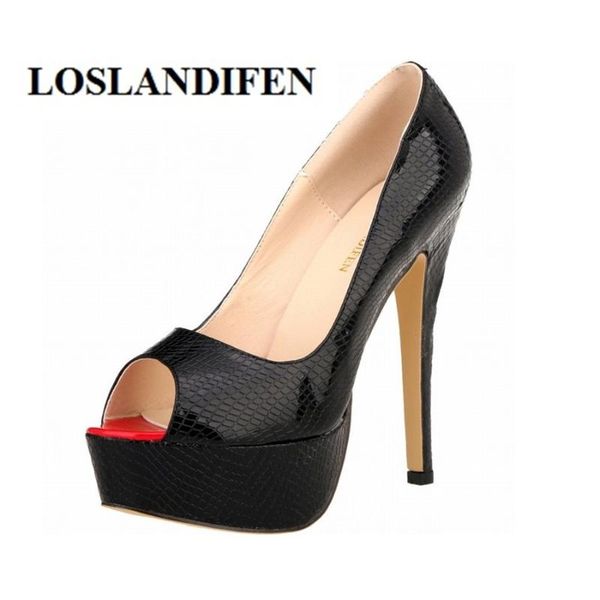 

women pumps summer patent leather bow peep toe snake skin pattern block platform 14cm thin high heel shoes dress, Black