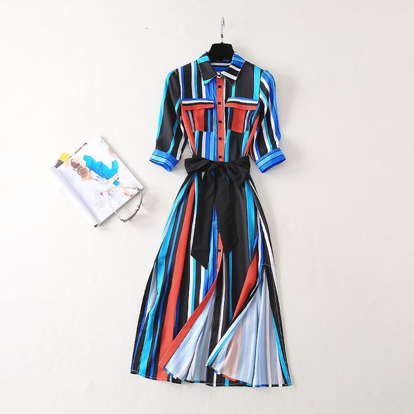 

runway dresses european and american catwalk style color stripe printing loose-fitting slimming slit dress with bow tie(s-3xl) akf6, Black