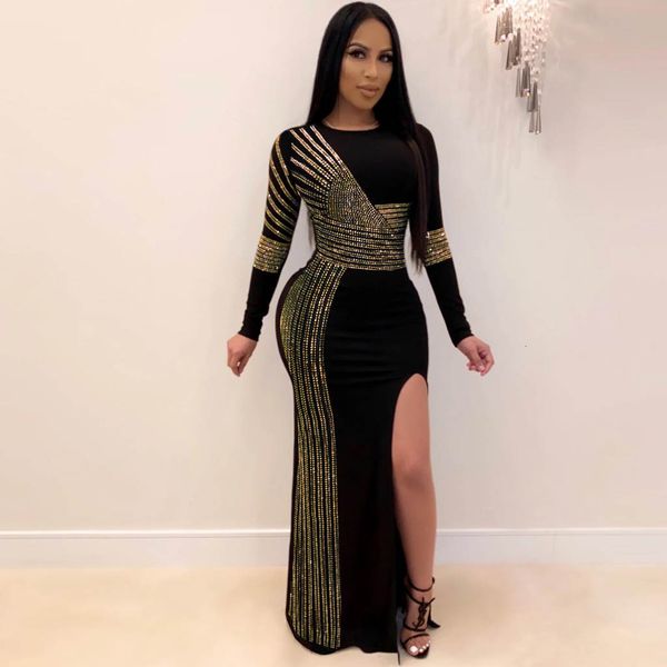 

women elegant slim spring women 2021 party evening gown side slit sleeve long dress, Black;gray