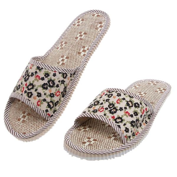 

women/men linen floral home indoor slipper open toe flax house flat slippers, Black