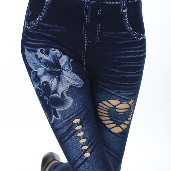 

women's leggings plus size women jeans fashion high waist female flowers print ankle-length pants hollow denim leggins, Black